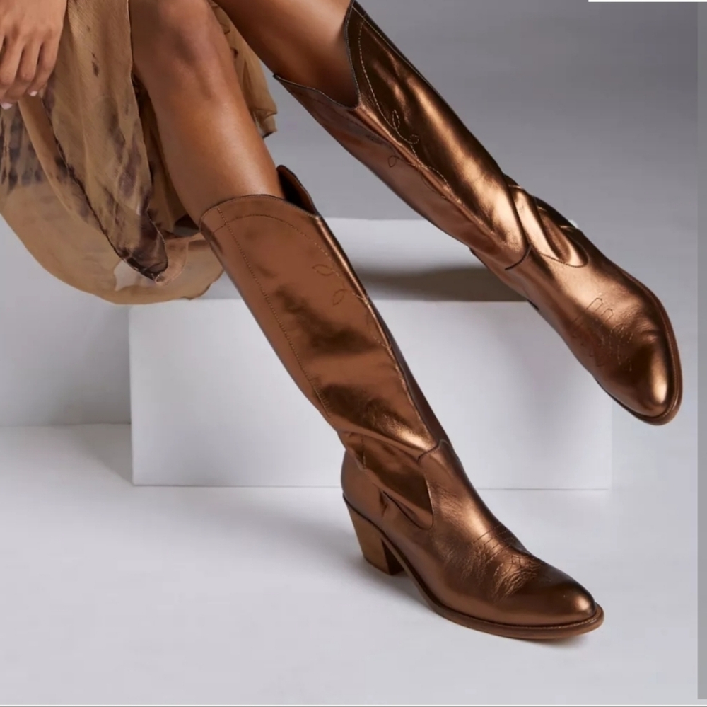 Women's Anthropologie Copper Metallic Western Boots Sz 37